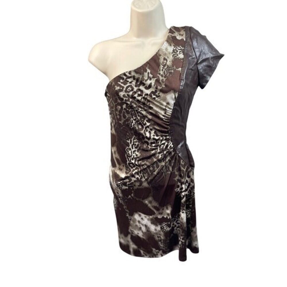 Brown Leopard Print One Shoulder Mini Dress Party Cocktail‎ Elegant